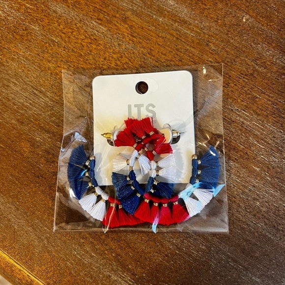 2/$15 - Red White Blue Tassel Fringe Hoop Earrings Patriotic Statement - Picture 3 of 4